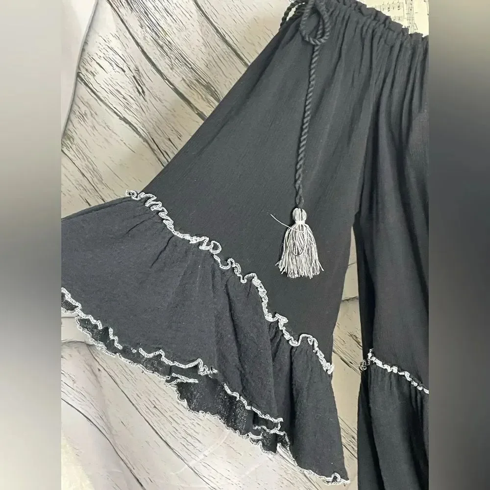 Free People Black Santiago Embroidered Floral Cotton Mini Dress Size S